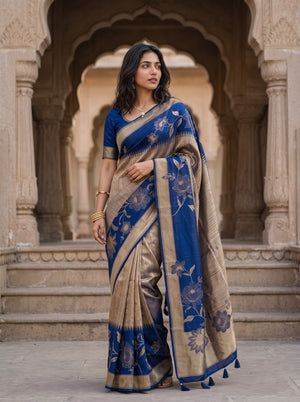 Banarasi Navy Golden Zari Floral Peony Border Saree with Tassels