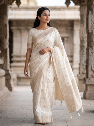 Banarasi Cream Floral Zari Butta Saree with Designer Pallu