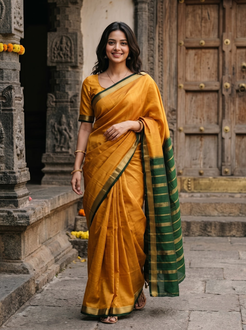 Mysore Silk Mustard Yellow Saree with Bottle Green Zari Striped Pallu