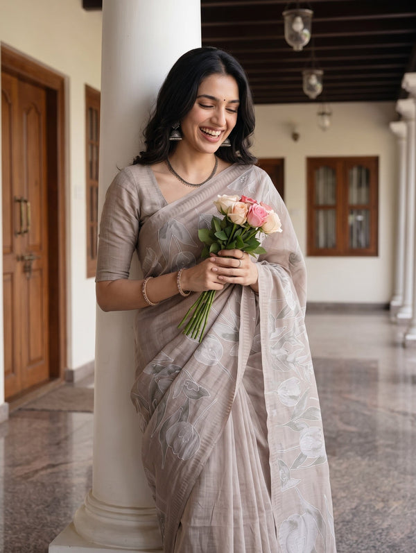 Mul Chanderi Beige Saree with Tulip Floral Print and Tassels