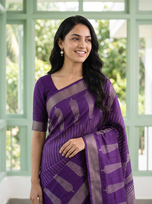 Semi Tussar Silk Purple Silver Zari Feather Motif Saree
