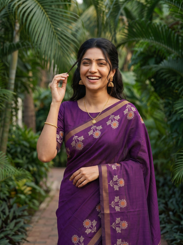 Cotton Deep Purple Saree with Gold Striped Border and Floral Butta Side Border