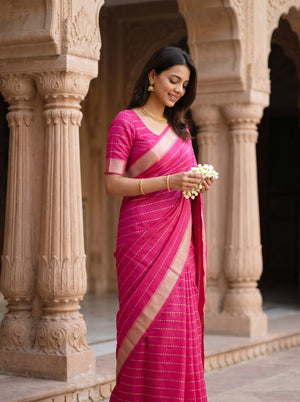 Semi Silk Hot Pink Pinstripe Saree with Golden Zari Woven Pallu