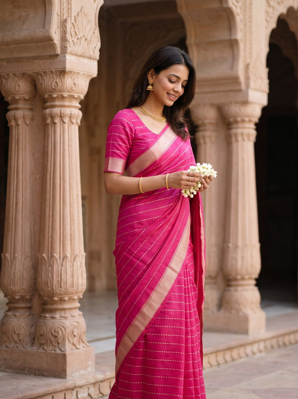 Semi Silk Hot Pink Pinstripe Saree with Golden Zari Woven Pallu