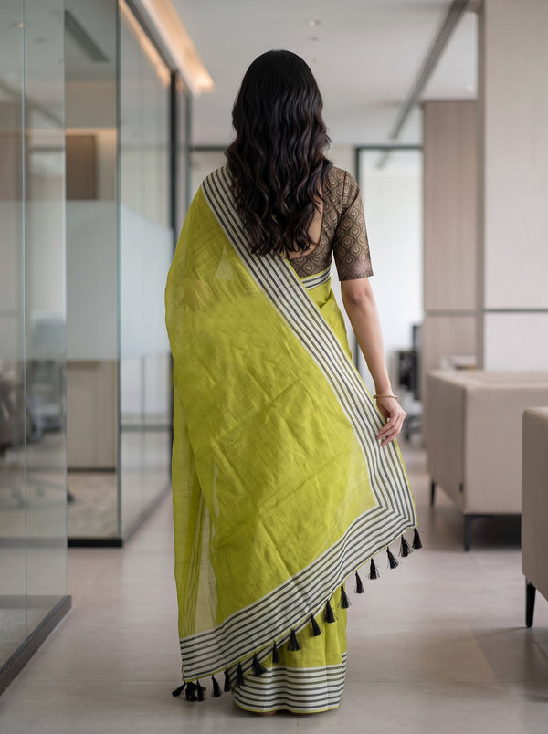 Cotton Saree in Lime Green with Contrasting Monochrome Pinstripe Trim