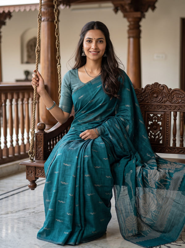 Semi Silk Teal Green Calla Lily Botanical Print Saree with Tassels