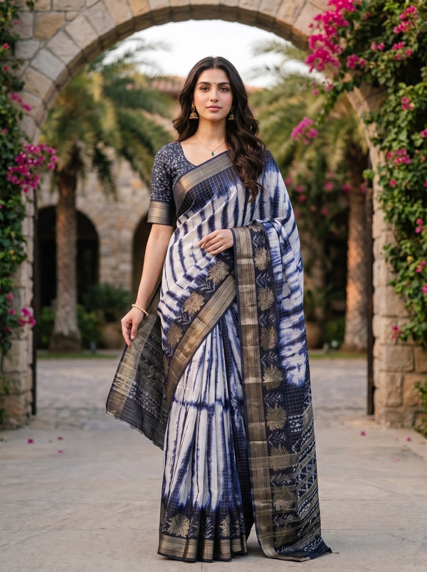 A woman models a blue and white tie-dye saree with a metallic gold border, standing in front of a stone archway decorated with greenery and pink flowers.
