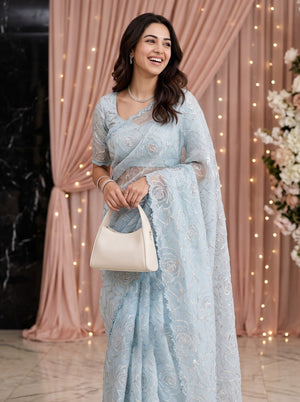 Turkish Organza Sky Blue Rose Flower Golden Zari Outline Saree