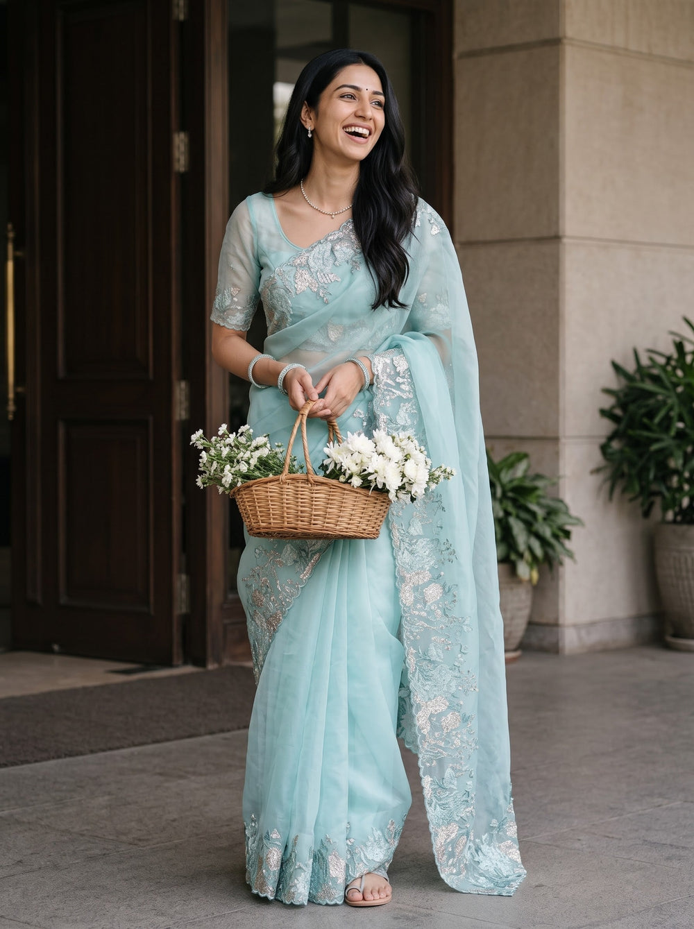 Organza Aqua Blue Zari Floral Embroidered Border Saree