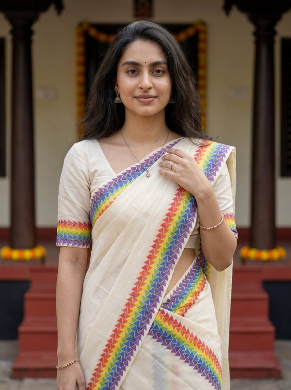 A woman wearing a cream-colored sari with vibrant rainbow patterned borders, standing in front of a traditional building with dark pillars.