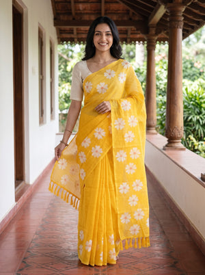 Cotton Yellow Daisy Print Tasseled Saree