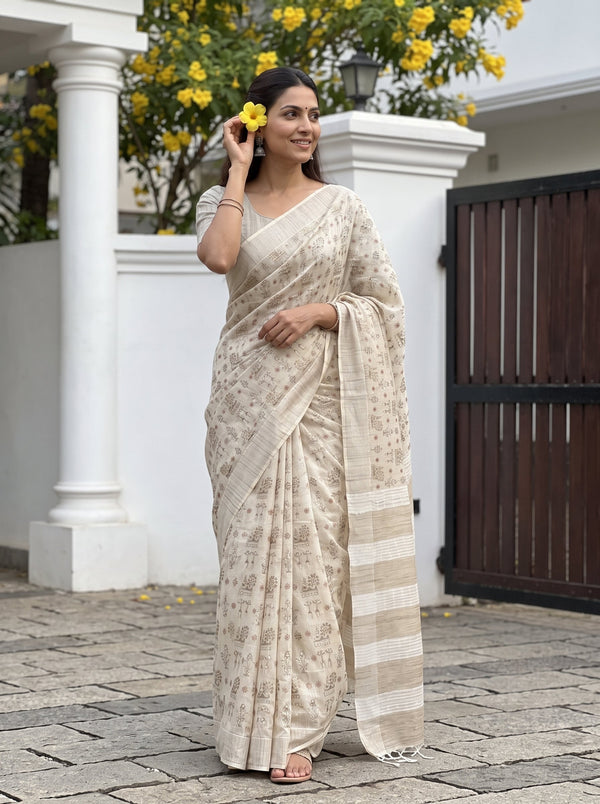 Chanderi Cotton Beige Tribal Beaded Print Saree with Striped Pallu and Tassels