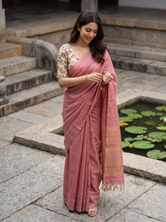 Semi Tussar Pink Golden Striped Saree
