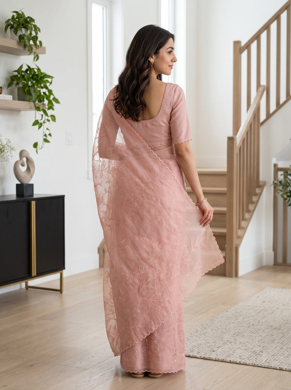 Net Kota Peach Saree with Intricate Floral Embroidery and Scalloped Border