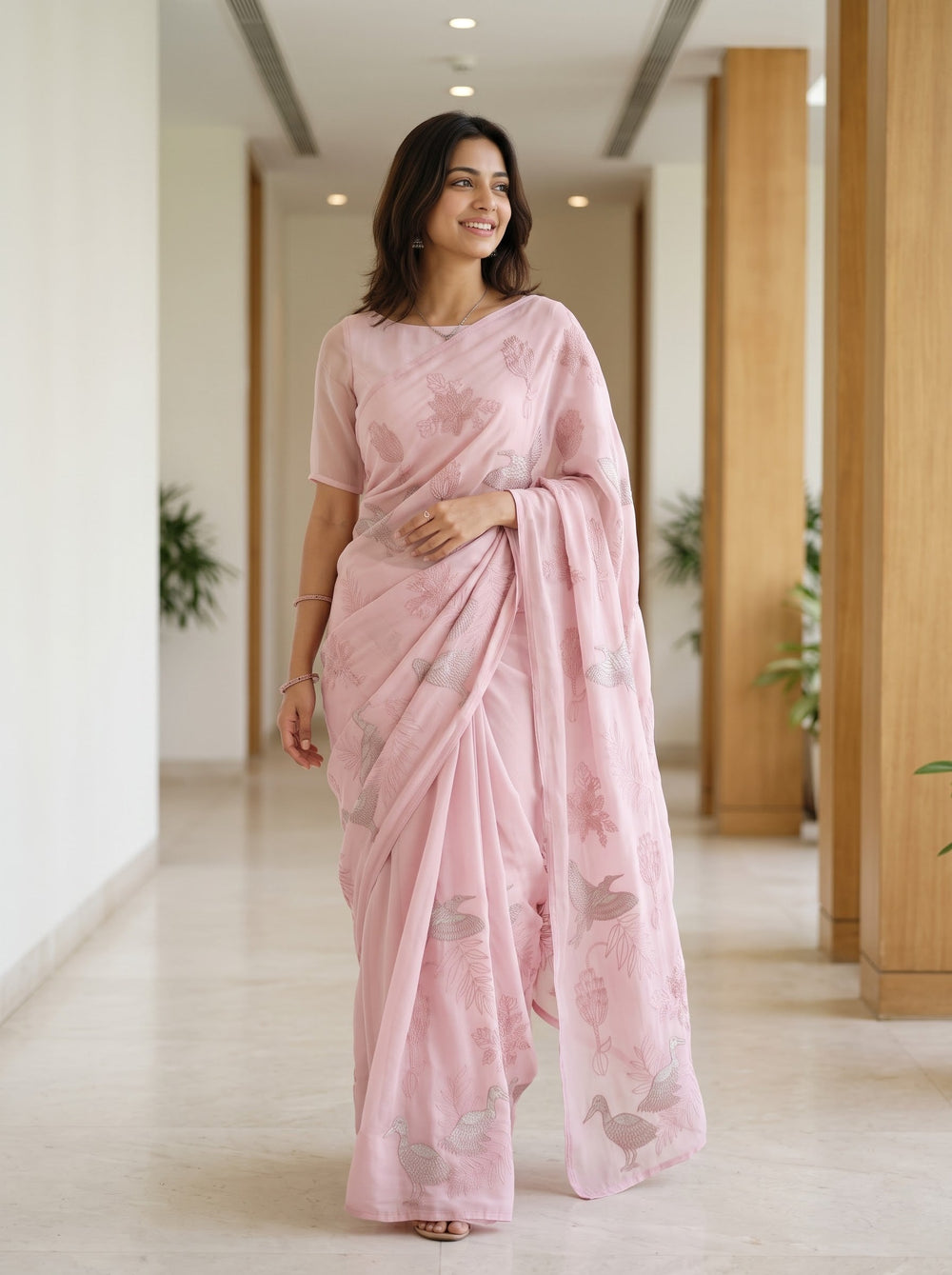 Organza Dusty Pink Crane Bird Floral Embroidered Saree