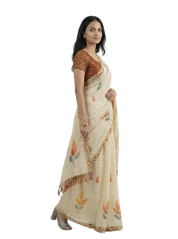 Tissue Silk Cream Autumn Leaf Print Set Saree with Chevron Border