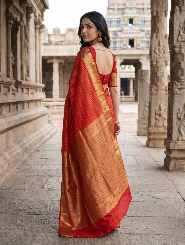 Pure Silk Red Saree with Golden Zari Checks and Rich Zari Border Pallu