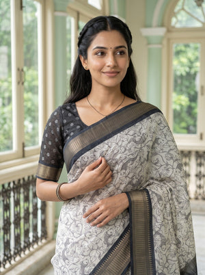 Chanderi White Saree with Black Floral Print, Contrast Border