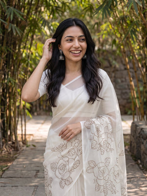 Kota Doria White Self-Tone Rose Bouquet Embroidery Saree