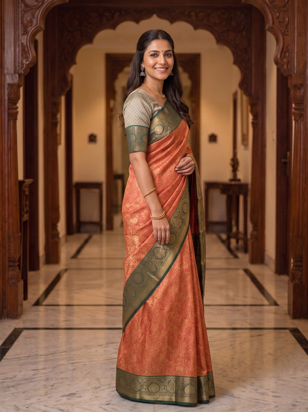 Semi Silk Rust Orange Gold Floral Jaal Saree with Green Temple Border