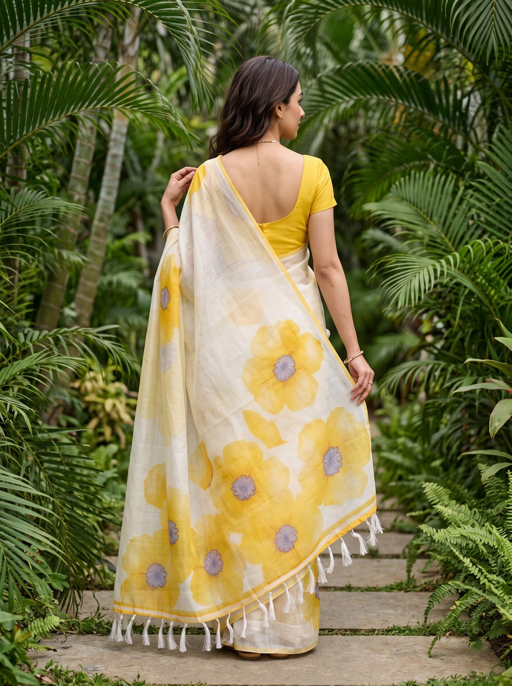 Cotton White Yellow Watercolor Floral Saree
