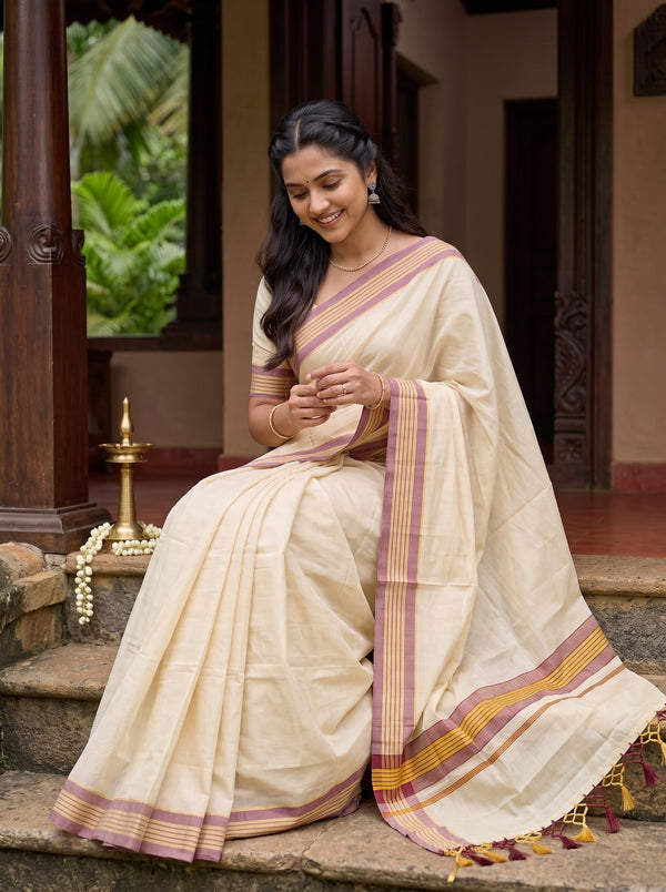 Tissue Cream Golden Striped Border Onam Special Kerala Saree with Tassels