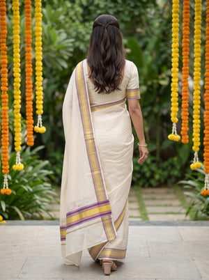 Cotton Cream Check Violet Golden Zari Border Kerala Saree