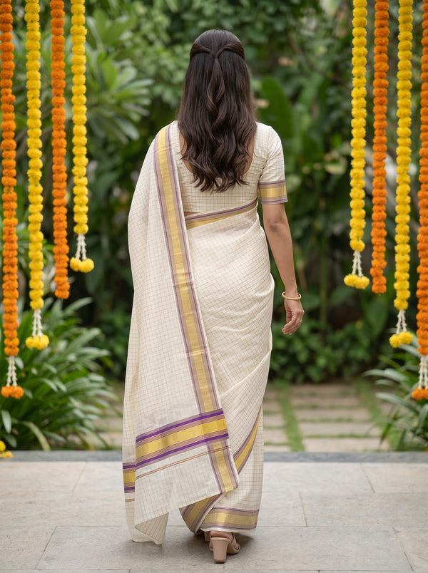 Cotton Cream Check Violet Golden Zari Border Kerala Saree