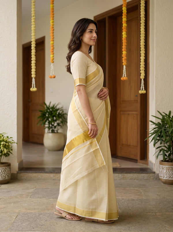 Cotton Cream White Striped Solid Golden Border Onam Kerala Saree