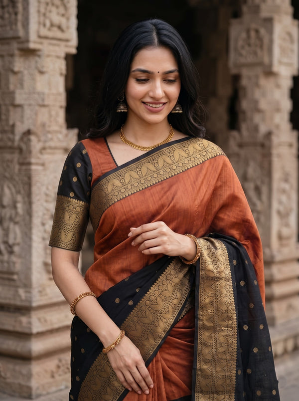 Semi Silk Half-and-Half Black Orange Saree with Golden Paisley Border