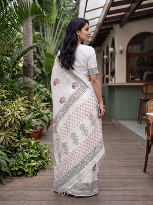 Linen White Block Print Saree with Black Border and Red Floral Motifs