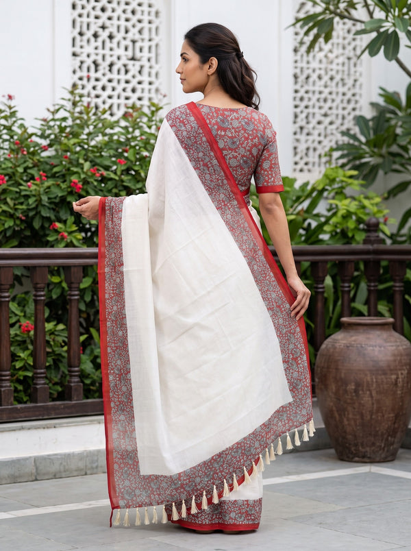 Cotton White Saree with Red Kalamkari Floral Border