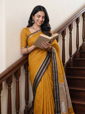 Cotton Silk Mustard Yellow Golden Zari Pallu Saree