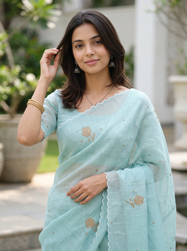 Linen Mint Green Saree with Golden Beadwork Floral Corner Motif and Scattered Butta