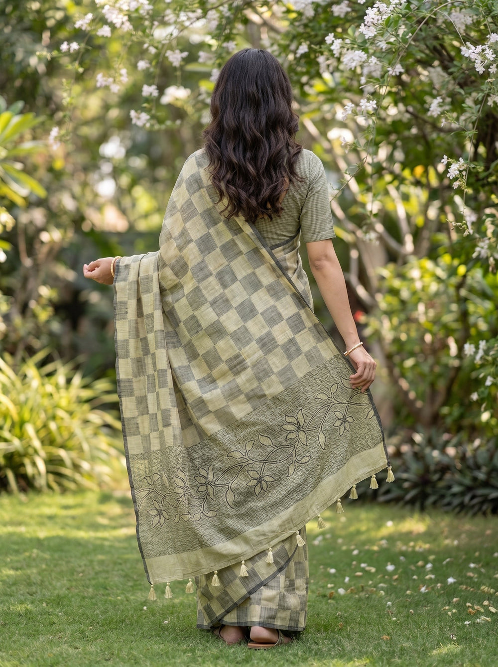 Linen Olive Khaki Checkerboard Weave Saree with Floral Border and Tassels