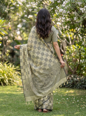 Linen Olive Khaki Checkerboard Weave Saree with Floral Border and Tassels