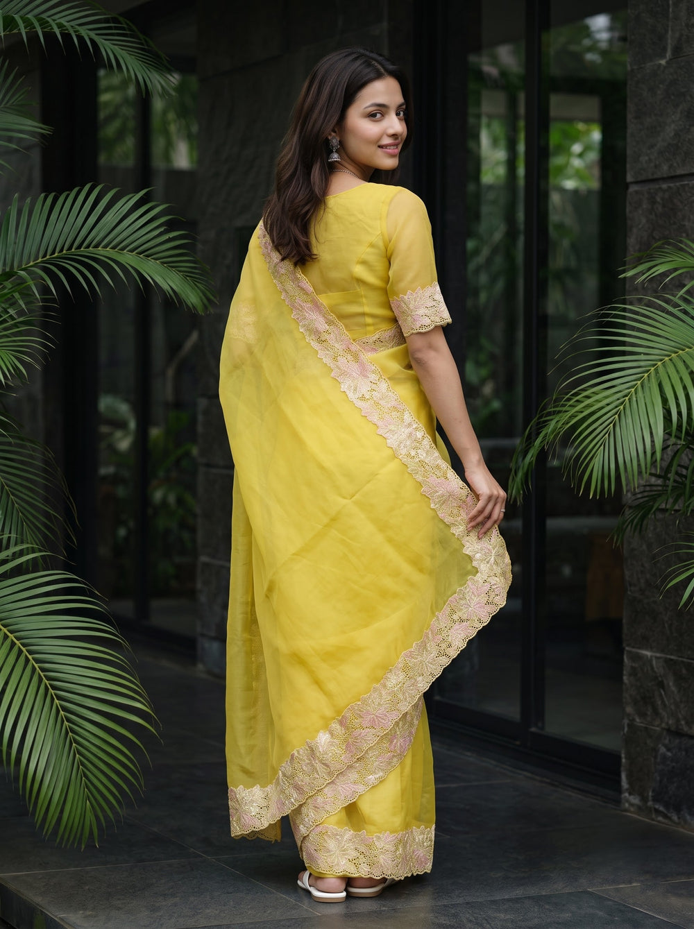 Organza Mustard Yellow Floral Lace Border Scalloped Saree