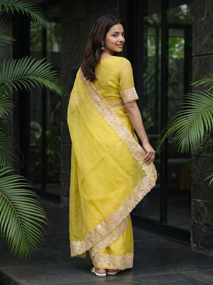 Organza Mustard Yellow Floral Lace Border Scalloped Saree