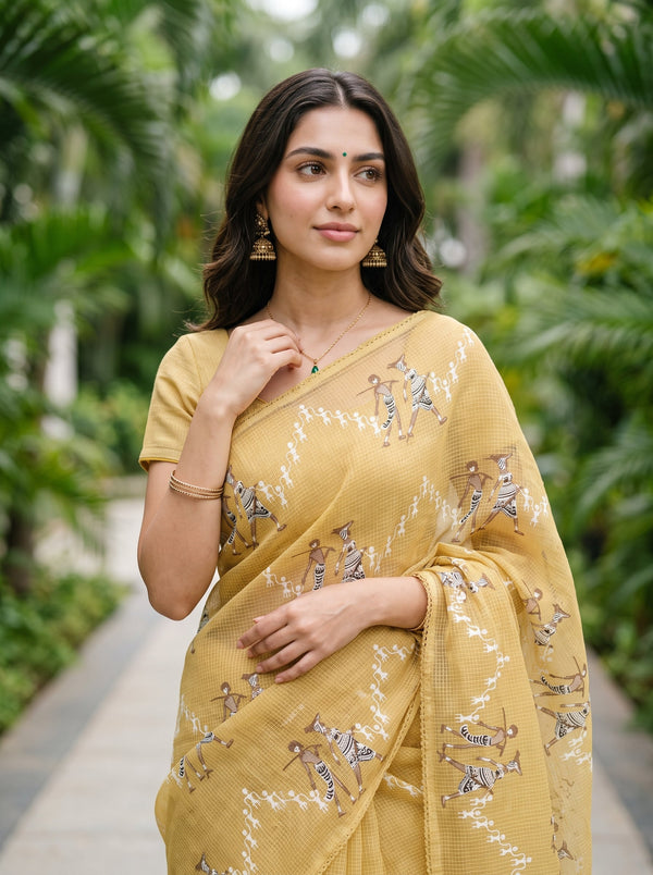 Net Kota Mustard White Warli Tribal Embroidery Saree