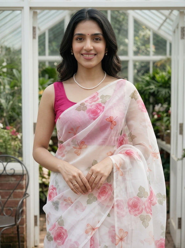 Organza Off-White Pink Rose and Dragonfly Print Saree with White Tassels