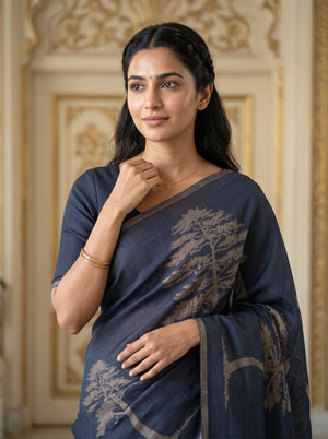 Matka Silk Navy Blue Saree with Woven Sunset Mountain Tree Motif