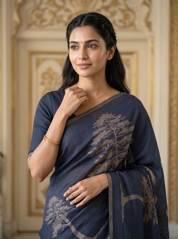 Matka Silk Navy Blue Saree with Woven Sunset Mountain Tree Motif