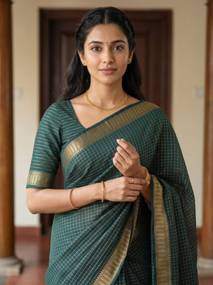 Cotton Silk Bottle Green Saree with Grey Zari Shimmer Pallu