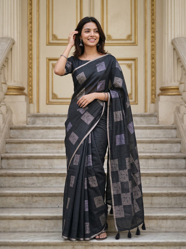 Matka Silk Black Silver Checkerboard Spiral Saree with Tassels