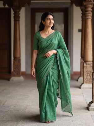 Tussar Green Saree with Scattered Dot Embellishments