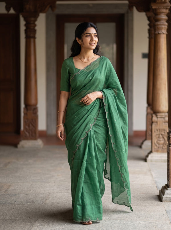 Tussar Green Saree with Scattered Dot Embellishments