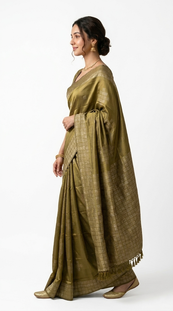 Art Silk Olive Green Traditional Zari Design Saree