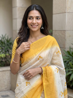Cotton White Saree with Mustard Yellow Border and Sprig Print