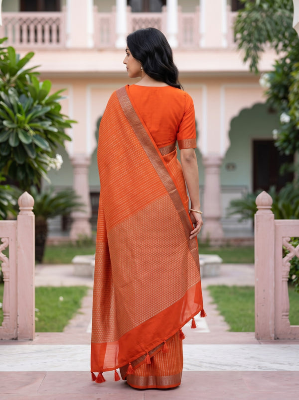 Semi Tussar Silk Orange Silver Zari Triangle Mesh Pallu Saree