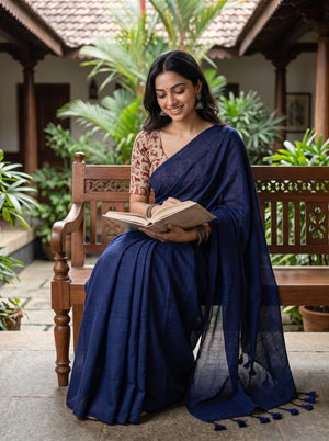 Cotton Navy Blue Saree with Solid Striated Weave and Matching Tassels